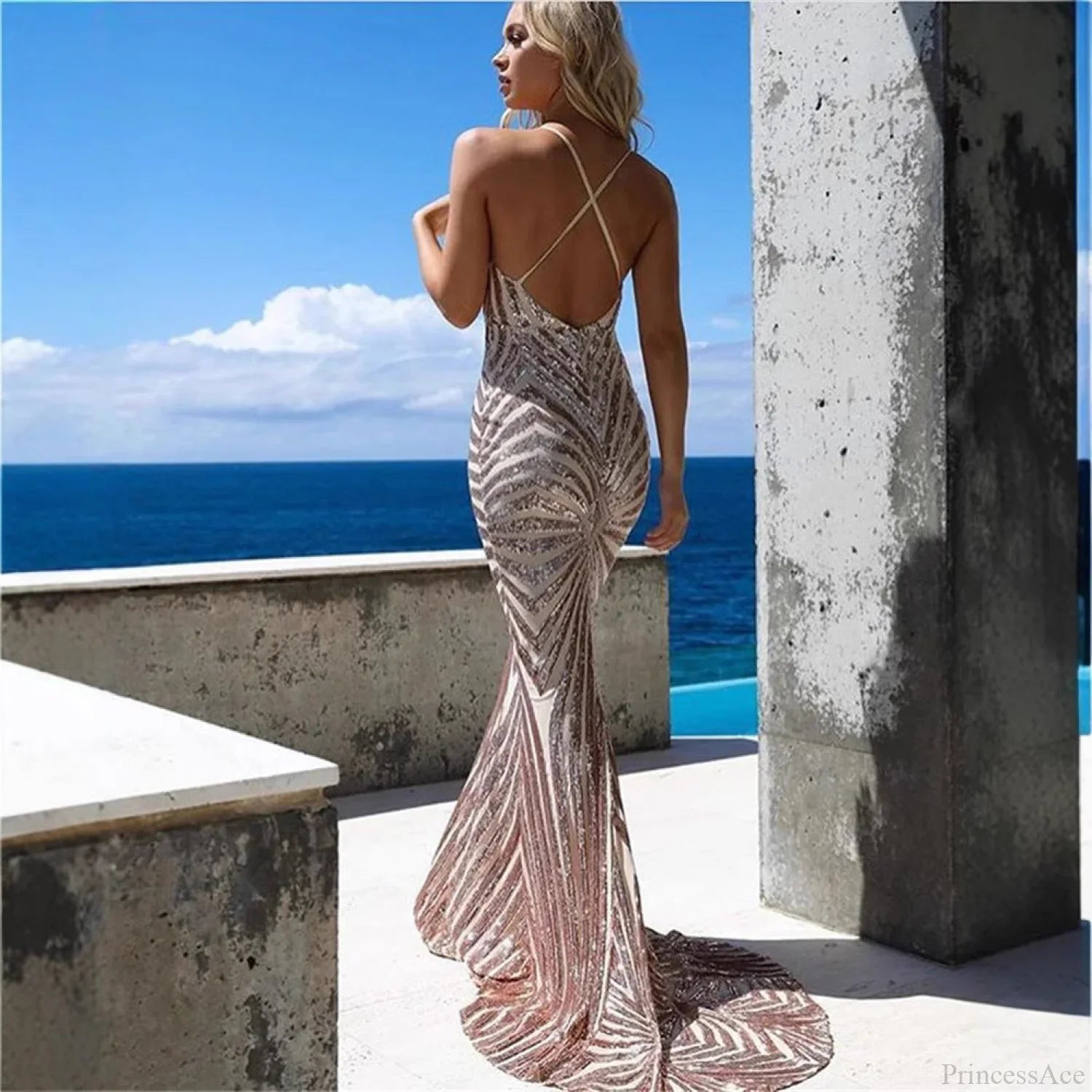 Backless Lace Sequin Prom Dress