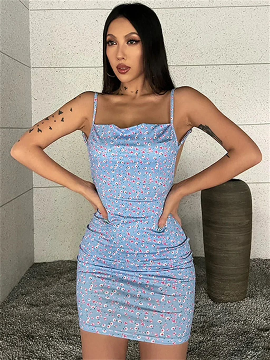 Floral Print Backless Sling Mini Suspender Wrap Bodycon Party Dress