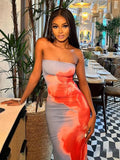 Floral Strapless Midi Split Backless Dress