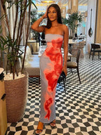 Floral Strapless Midi Split Backless Dress