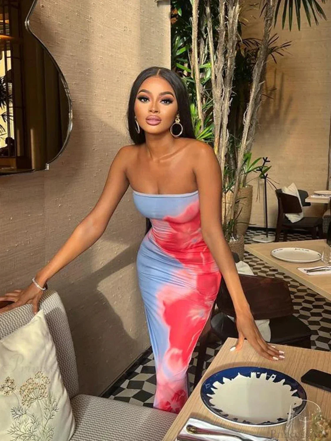 Floral Strapless Midi Split Backless Dress