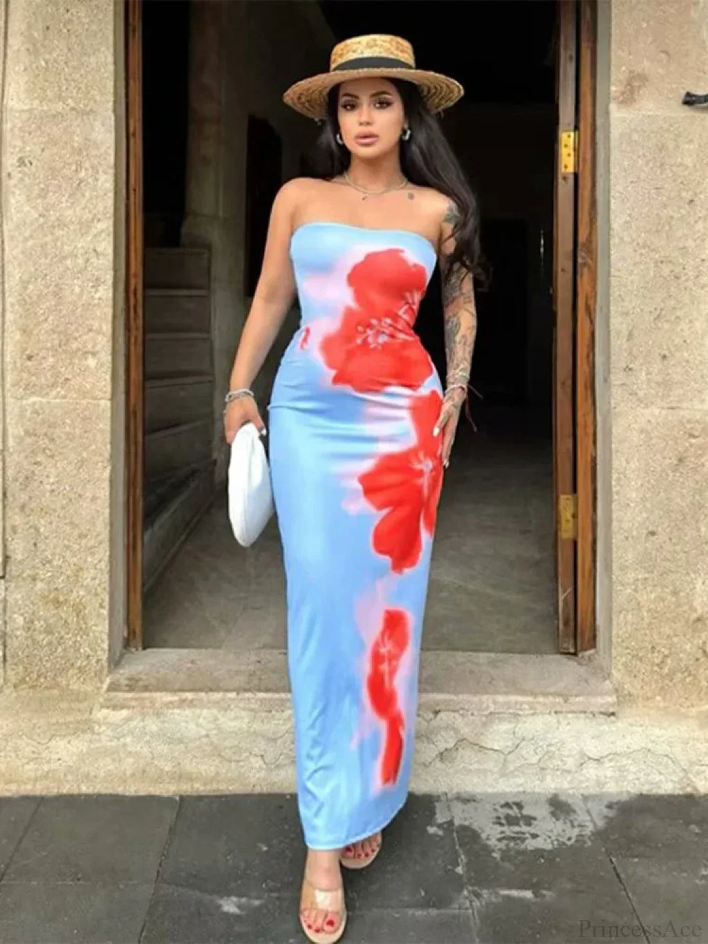 Floral Strapless Midi Split Backless Dress