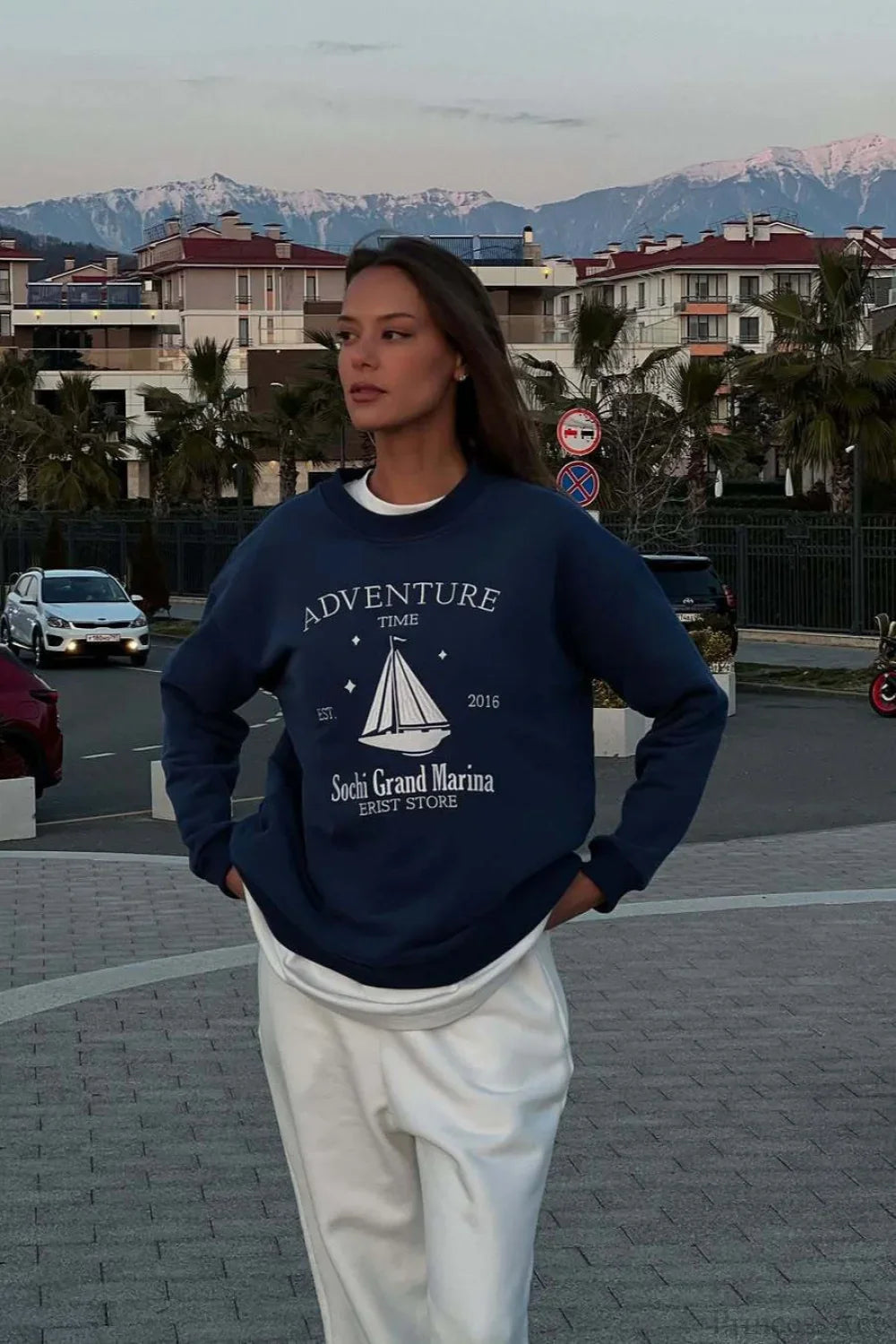 Printed Crew Neck Oversized Long Sleeve Sweatshirt