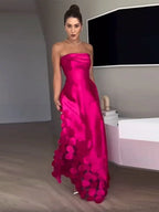 Rose Red Sleeveless Satin Maxi Dress Elegant Backless Pleated Party