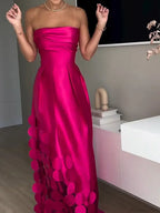 Rose Red Sleeveless Satin Maxi Dress Elegant Backless Pleated Party
