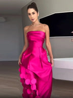 Rose Red Sleeveless Satin Maxi Dress Elegant Backless Pleated Party