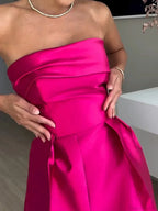Rose Red Sleeveless Satin Maxi Dress Elegant Backless Pleated Party