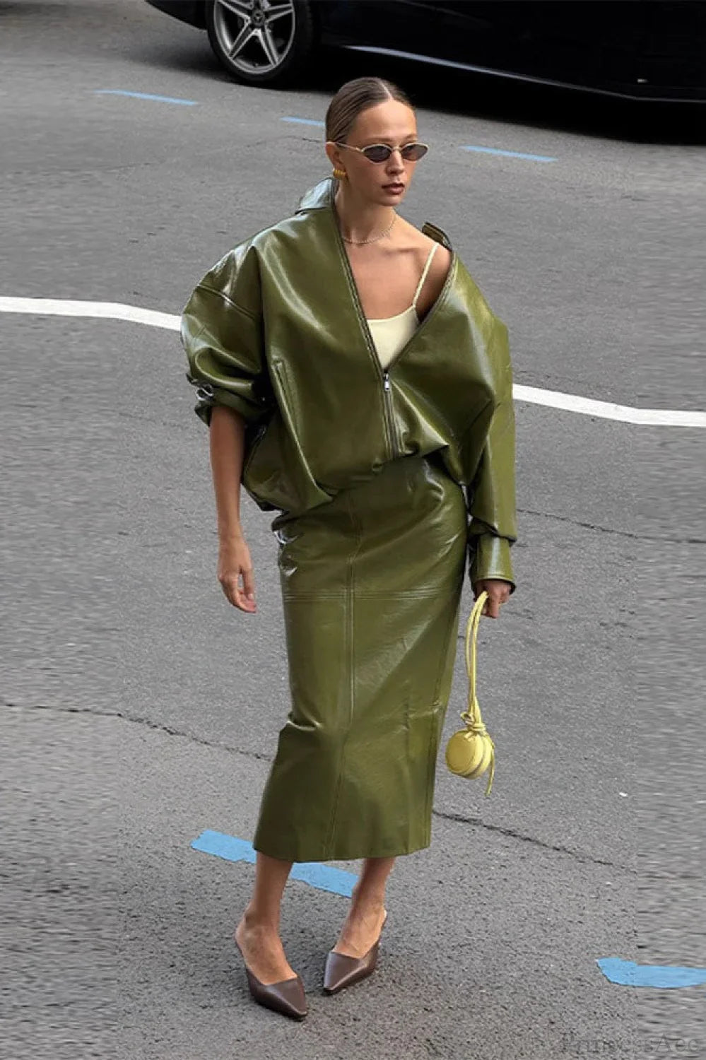 Solid Patent Leather Stand Collar Jacket Skirt Two Piece Set