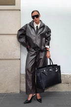 Solid Patent Leather Stand Collar Jacket Skirt Two Piece Set