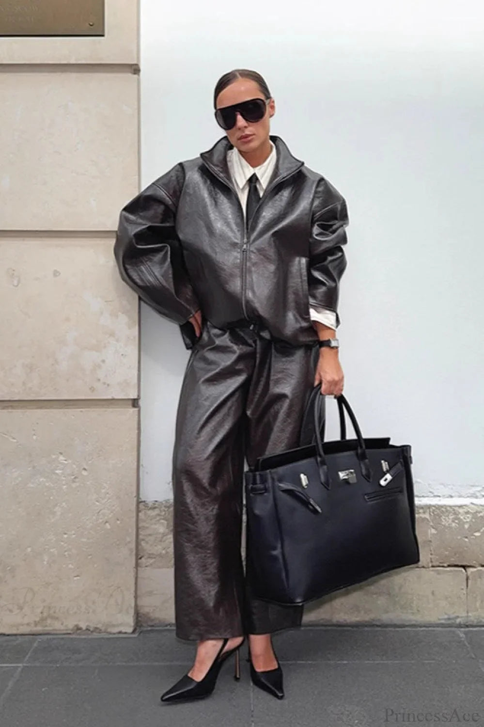 Solid Patent Leather Stand Collar Jacket Skirt Two Piece Set