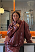 Solid Patent Leather Stand Collar Jacket Skirt Two Piece Set