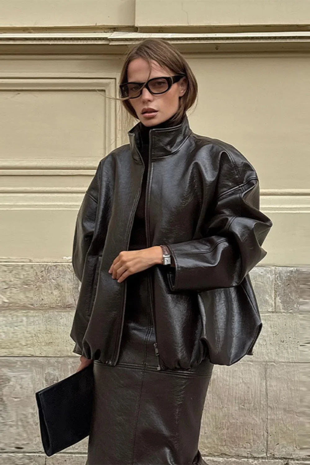 Solid Patent Leather Stand Collar Jacket Skirt Two Piece Set