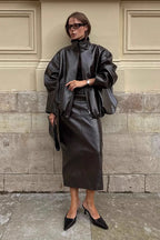 Solid Patent Leather Stand Collar Jacket Skirt Two Piece Set