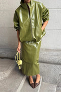 Solid Patent Leather Stand Collar Jacket Skirt Two Piece Set