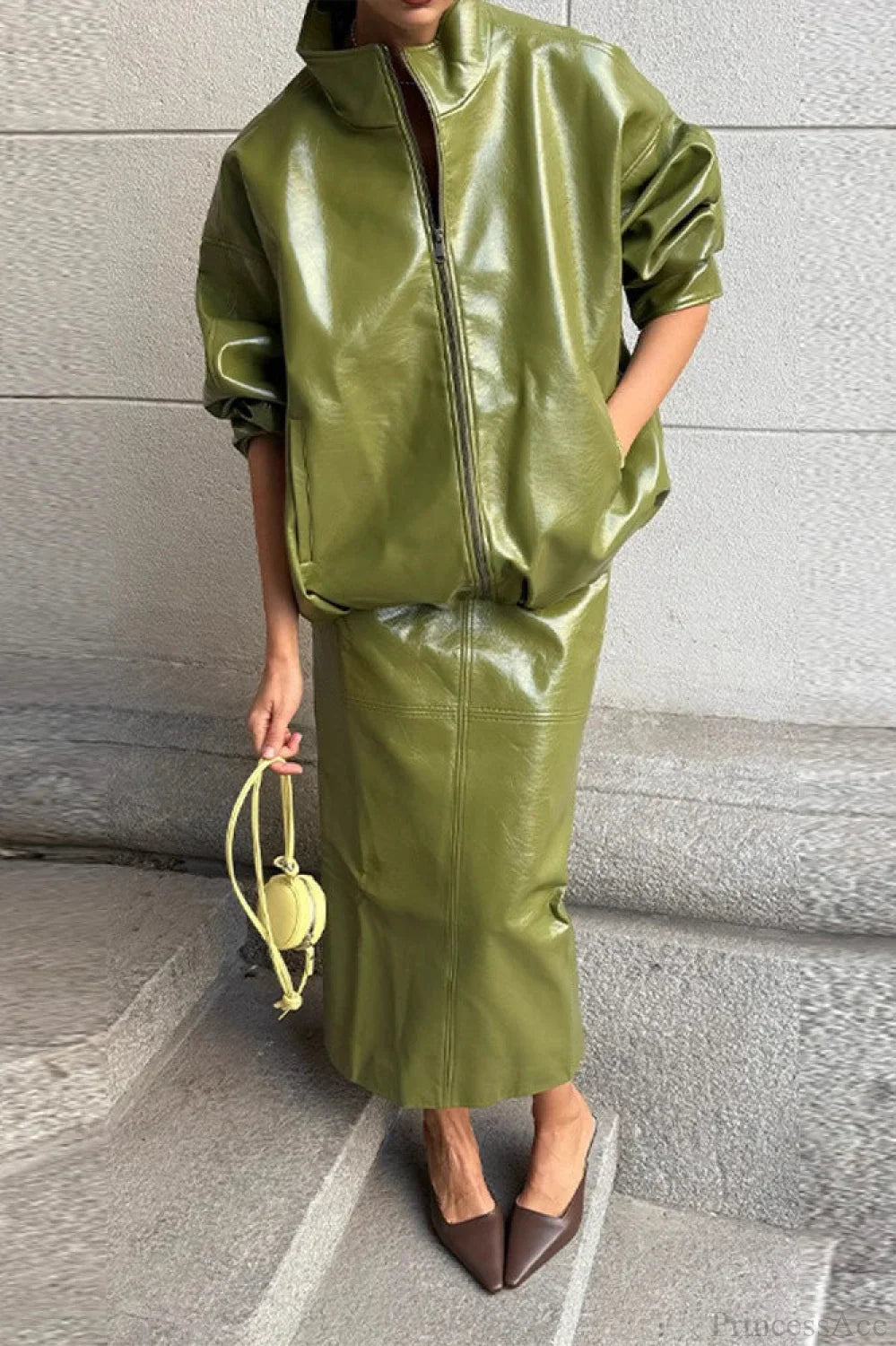 Solid Patent Leather Stand Collar Jacket Skirt Two Piece Set