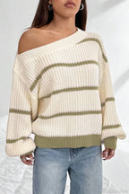 Striped Off Shoulder Lantern Sleeve Knit Sweater