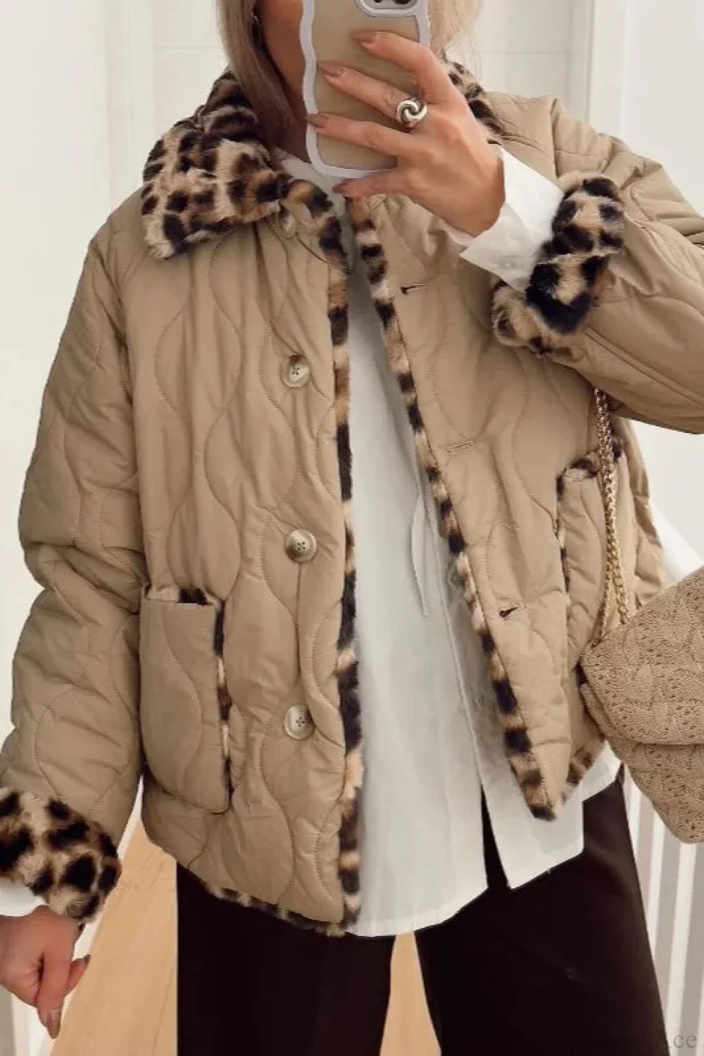 Turn-Down Collar Reversible Leopard Cotton Coat