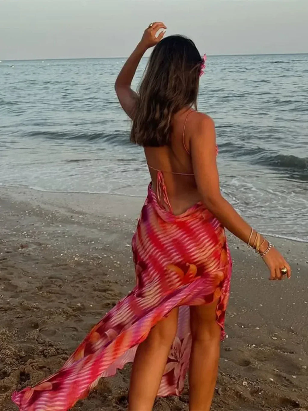 V-Neck Beach Ruffles Backless Floral Dress