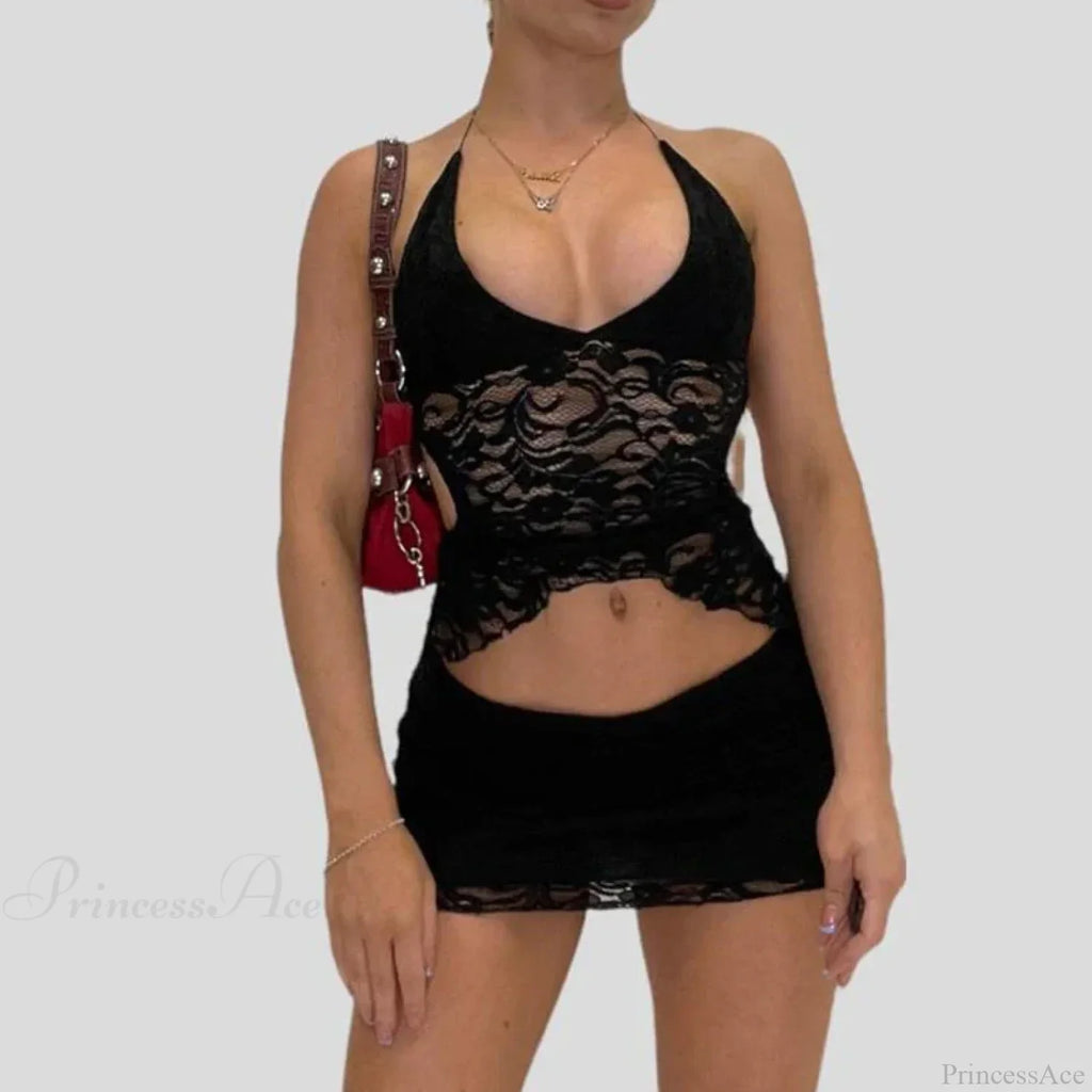 V Neck Halter Tie-Up Bandage Crop Top Mini Pencil Skirt Two Pieces Set