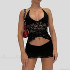 V Neck Halter Tie-Up Bandage Crop Top Mini Pencil Skirt Two Pieces Set