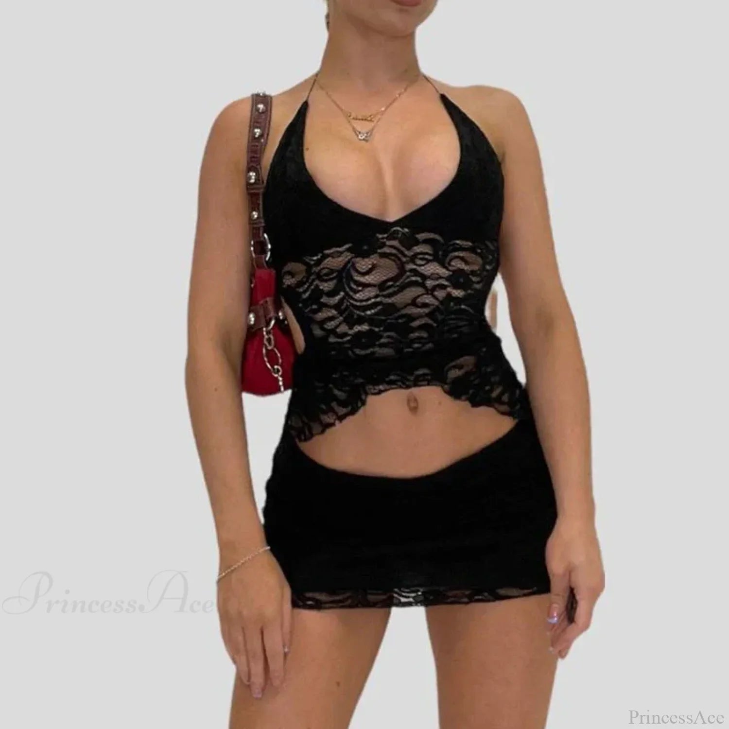 V Neck Halter Tie-Up Bandage Crop Top Mini Pencil Skirt Two Pieces Set