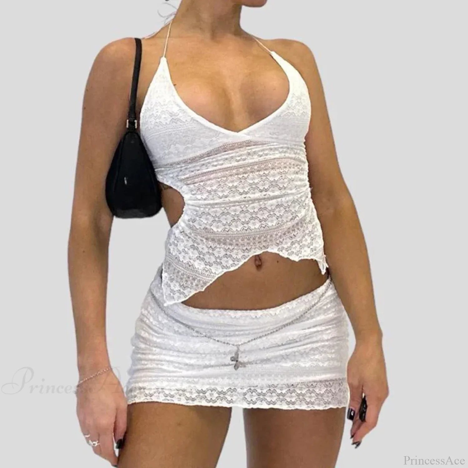 V Neck Halter Tie-Up Bandage Crop Top Mini Pencil Skirt Two Pieces Set
