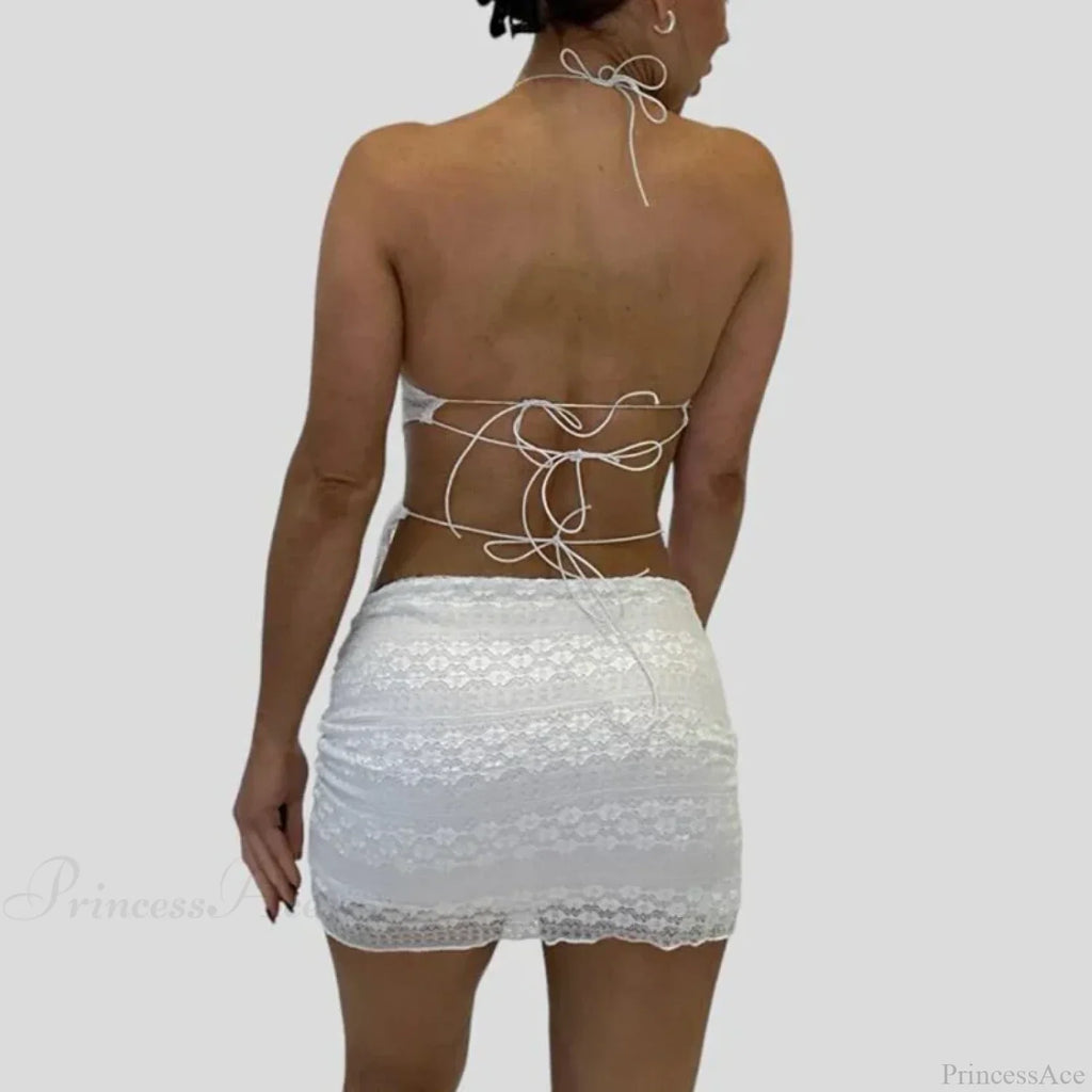 V Neck Halter Tie-Up Bandage Crop Top Mini Pencil Skirt Two Pieces Set