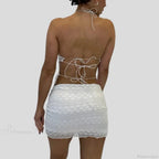 V Neck Halter Tie-Up Bandage Crop Top Mini Pencil Skirt Two Pieces Set