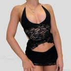 V Neck Halter Tie-Up Bandage Crop Top Mini Pencil Skirt Two Pieces Set