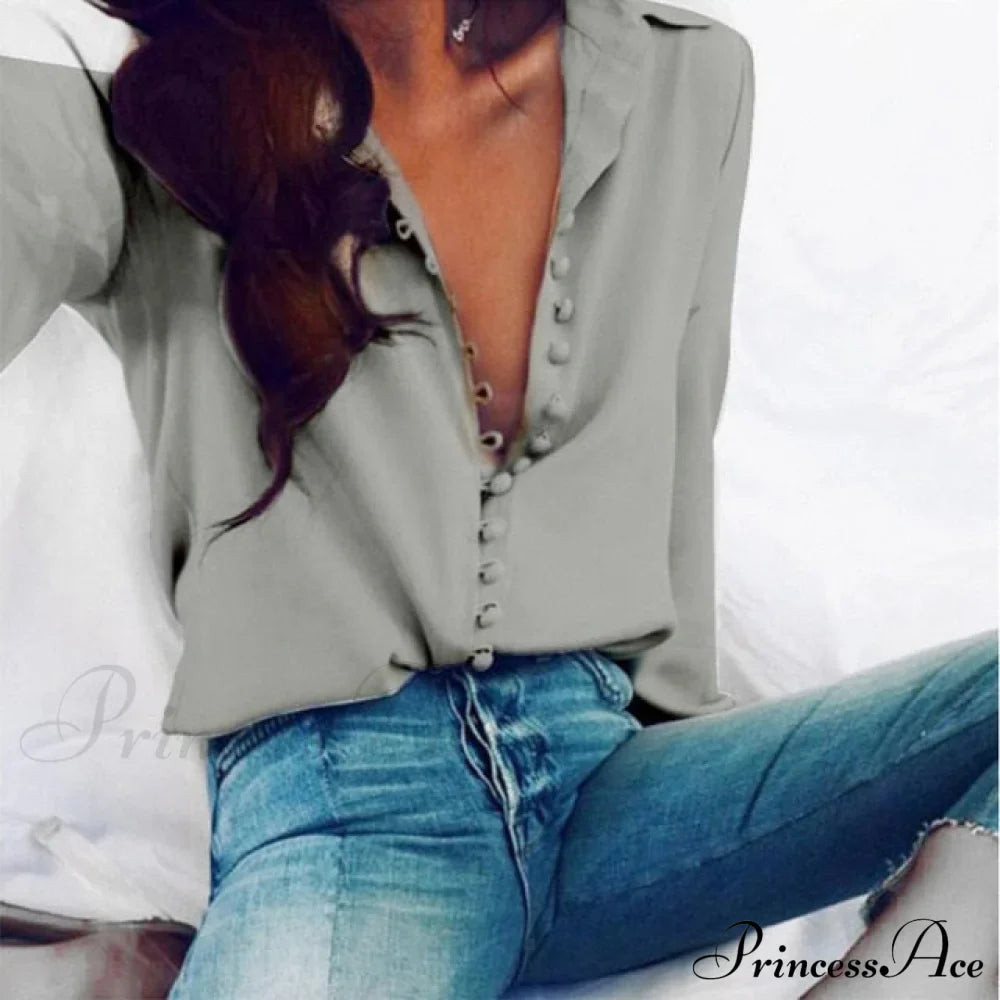 Chiffon Arm Blouse Top In Solid Casual - With Women Long Buttons Office Color Spring White