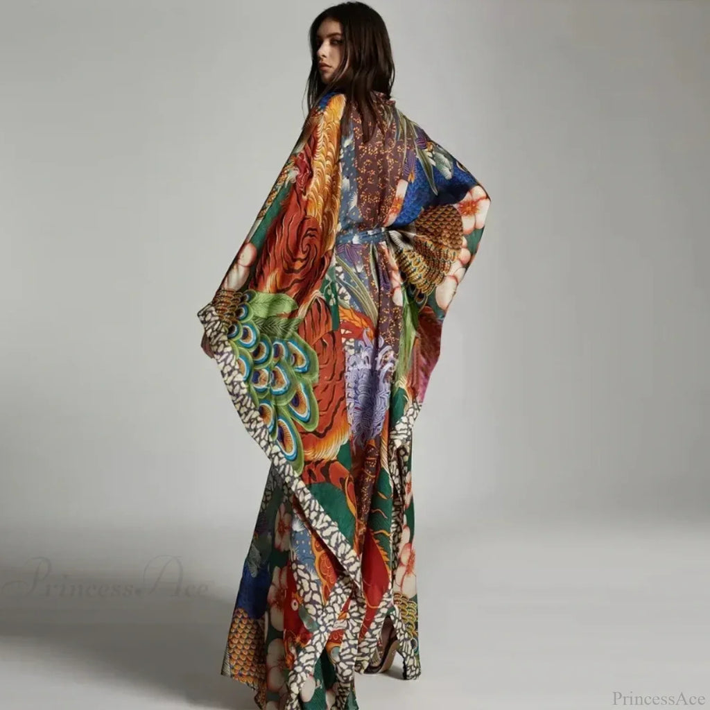 Chiffon Ethnic Peacock Pattern Long Cardigan Boho Cover Up