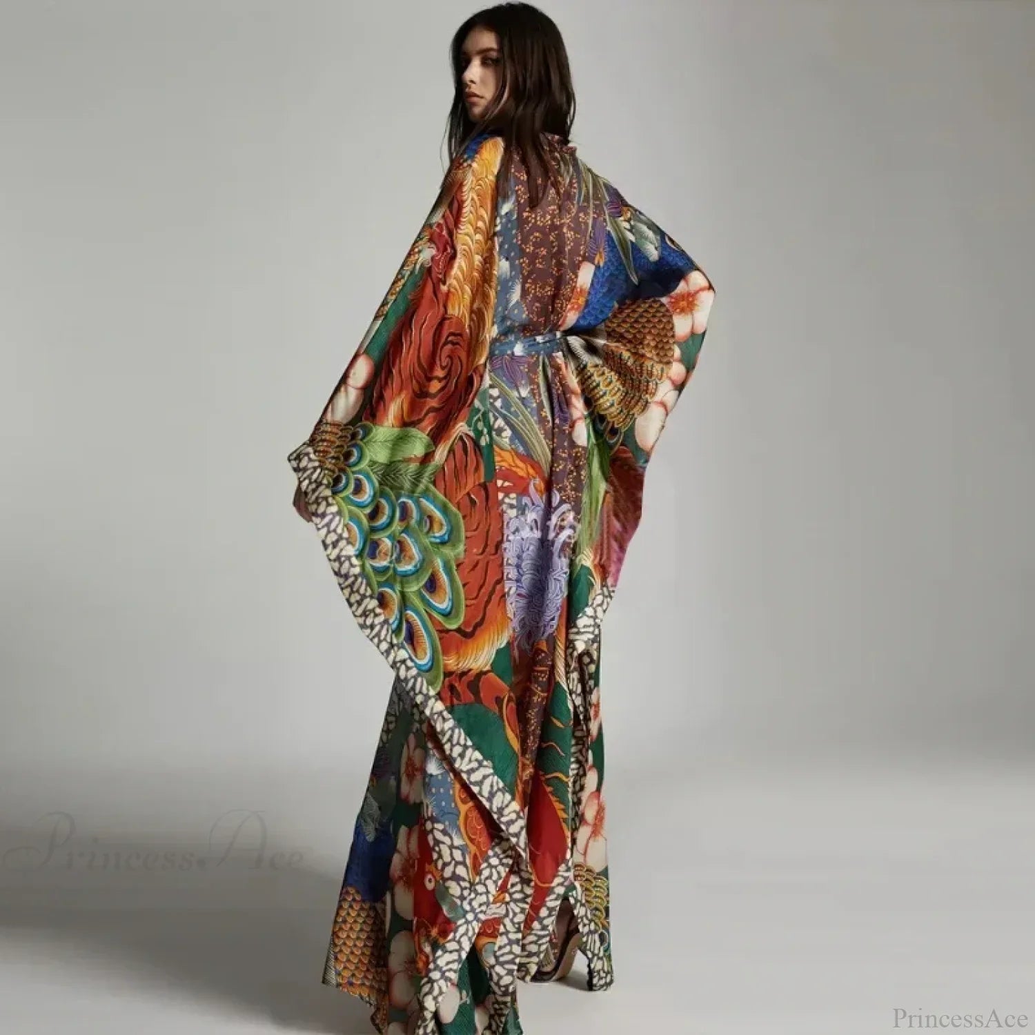 Chiffon Ethnic Peacock Pattern Long Cardigan Boho Cover Up