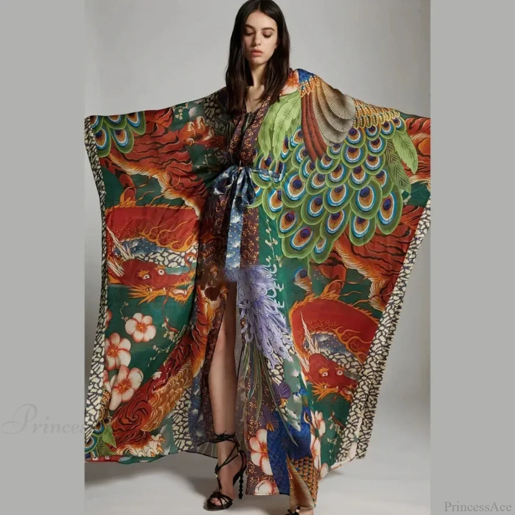 Chiffon Ethnic Peacock Pattern Long Cardigan Boho Cover Up