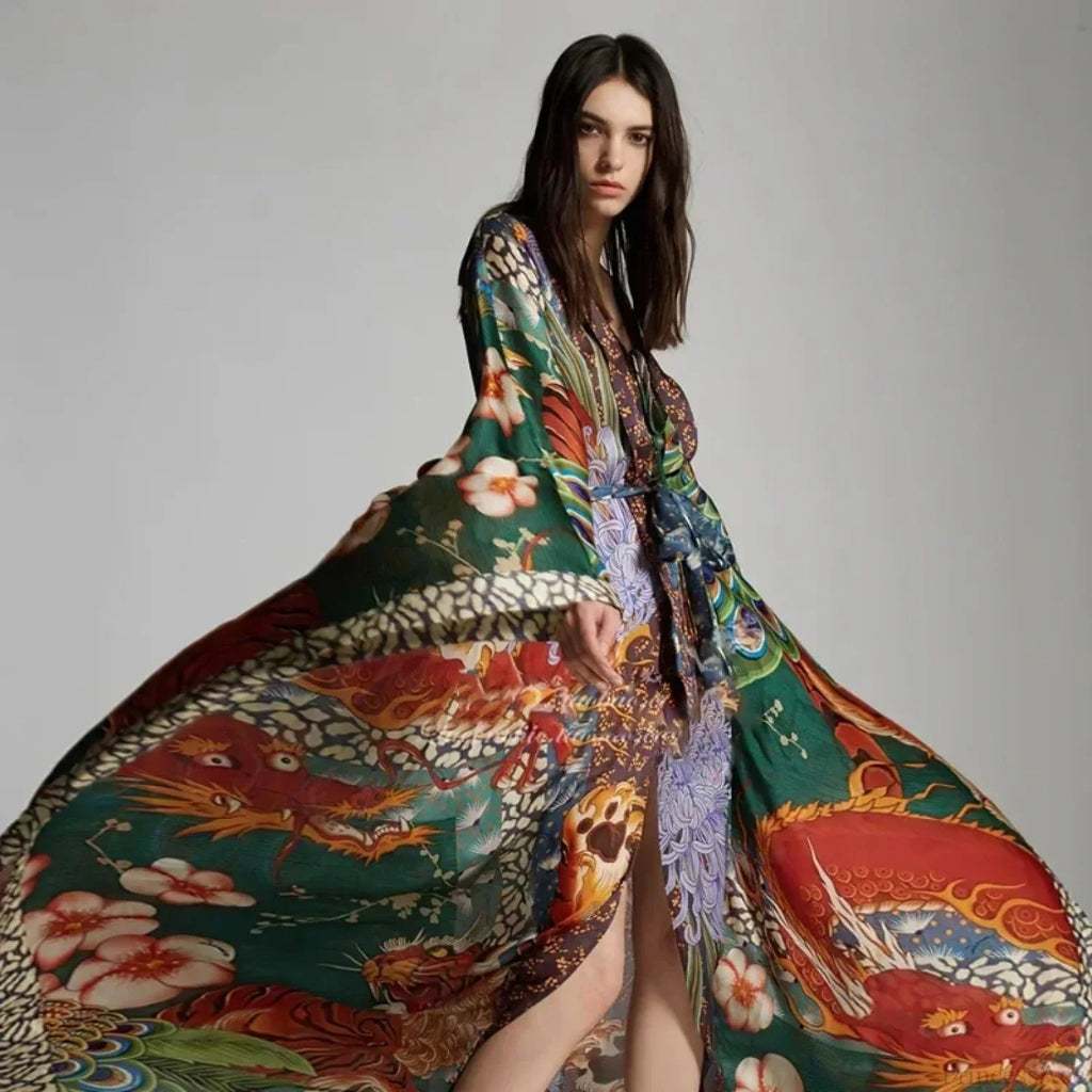 Chiffon Ethnic Peacock Pattern Long Cardigan Boho Cover Up