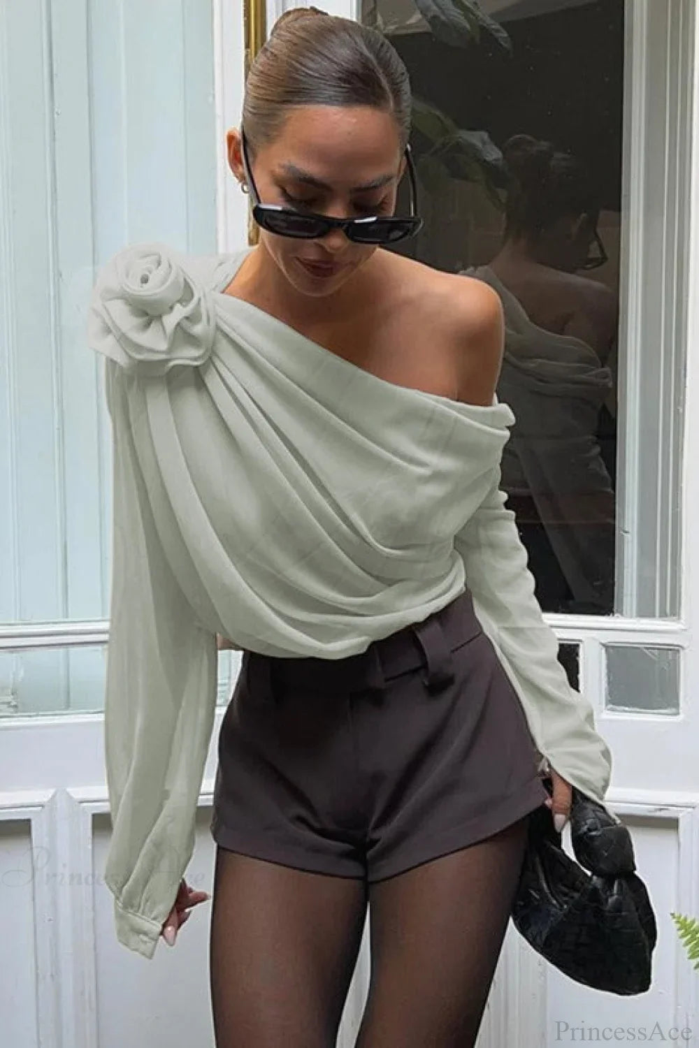 Chiffon Floral Off-The-Shoulder Fitted Blouse