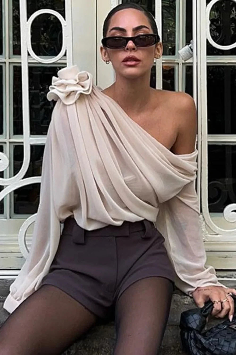 Chiffon Floral Off-The-Shoulder Fitted Blouse