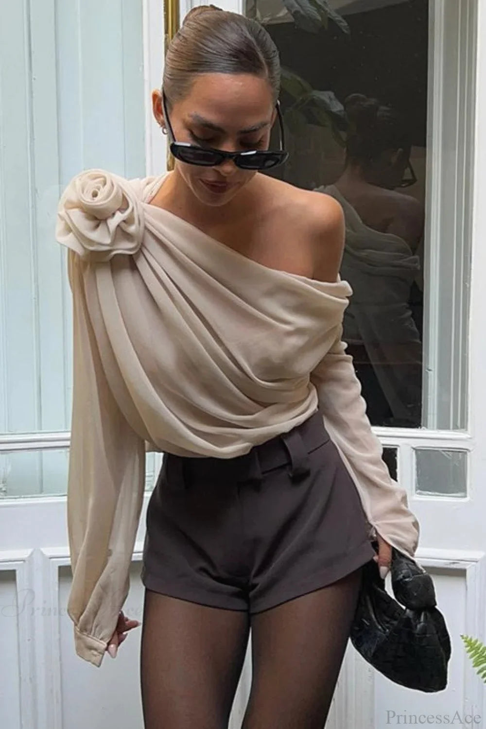 Chiffon Floral Off-The-Shoulder Fitted Blouse