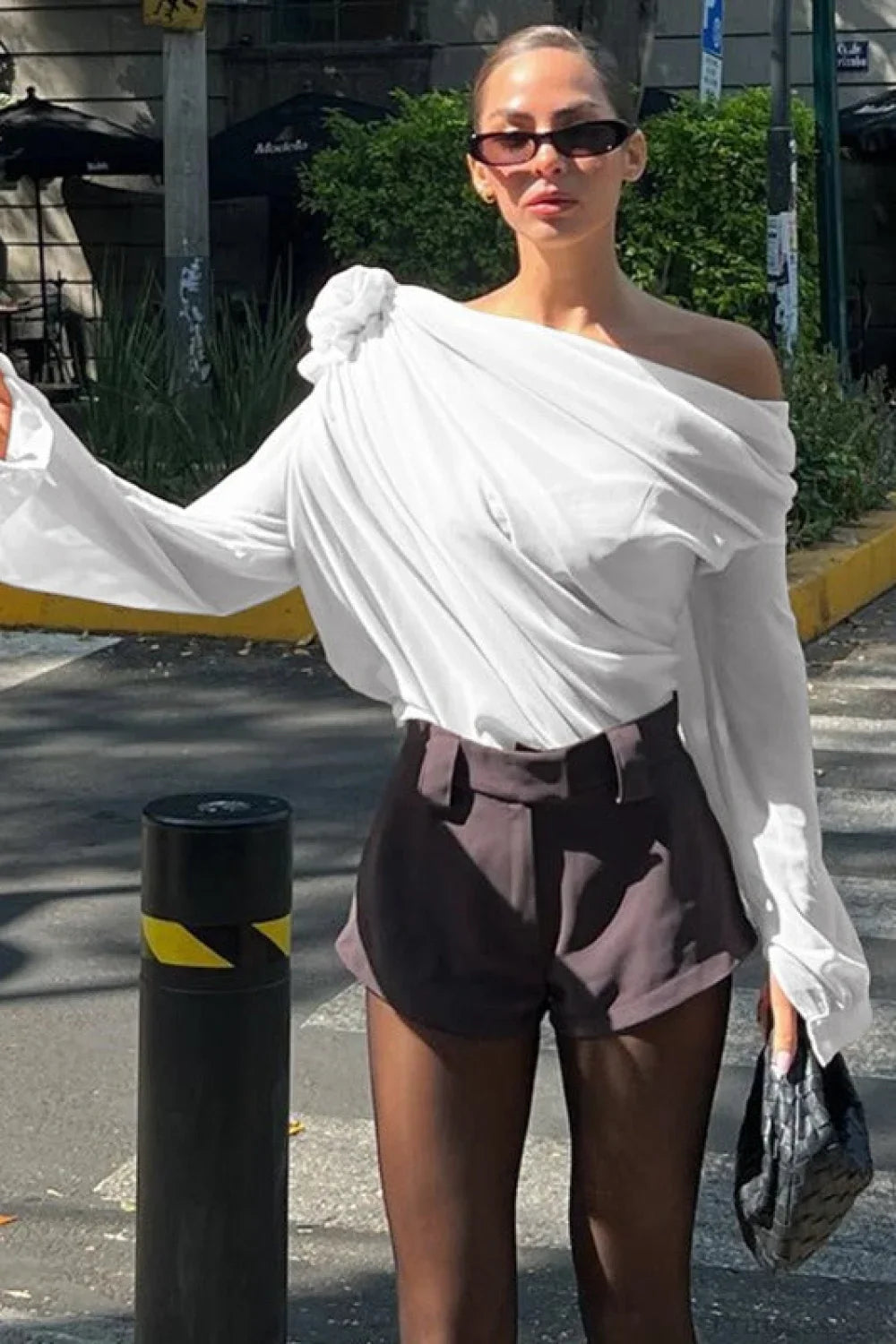Chiffon Floral Off-The-Shoulder Fitted Blouse