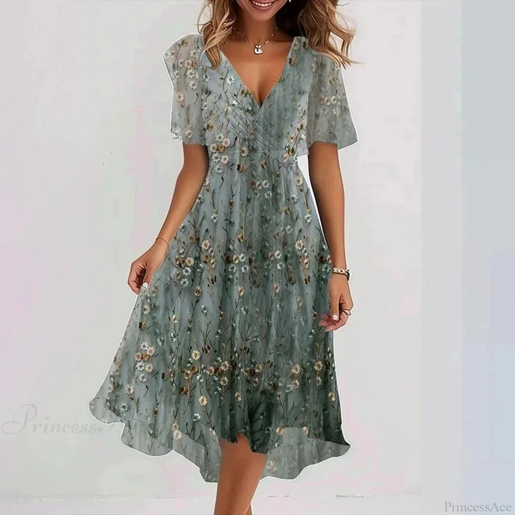 Chiffon Floral Print V-Neck Dress