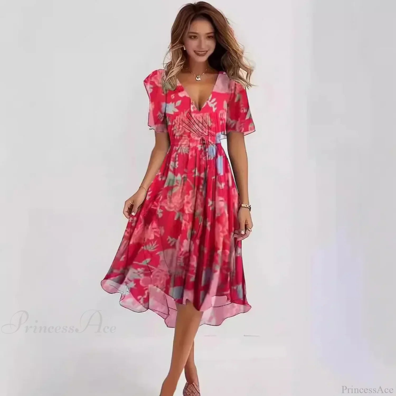 Chiffon Floral Print V-Neck Dress