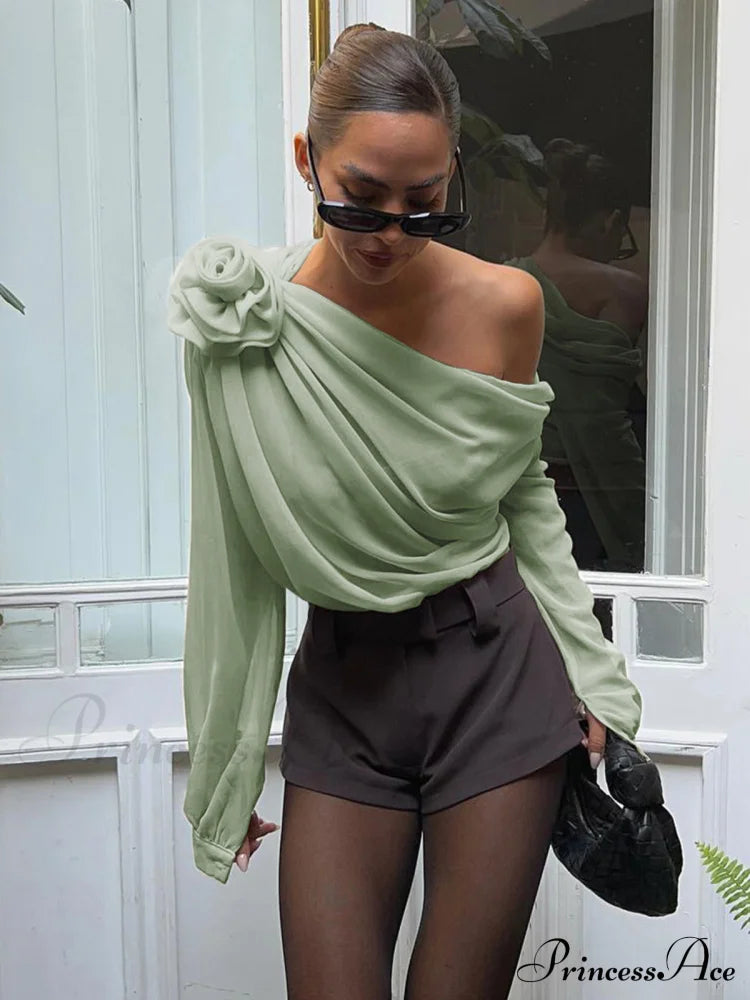 Chiffon Semi-Sheer One Trendy Shoulder Asymmetrical Top
