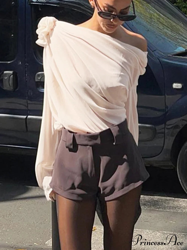 Chiffon Semi-Sheer One Trendy Shoulder Asymmetrical Top