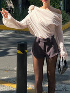 Chiffon Semi-Sheer One Trendy Shoulder Asymmetrical Top