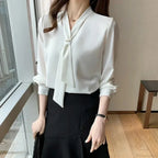 Chiffon V-Neck Tie Loose Long Sleeve White Blouse