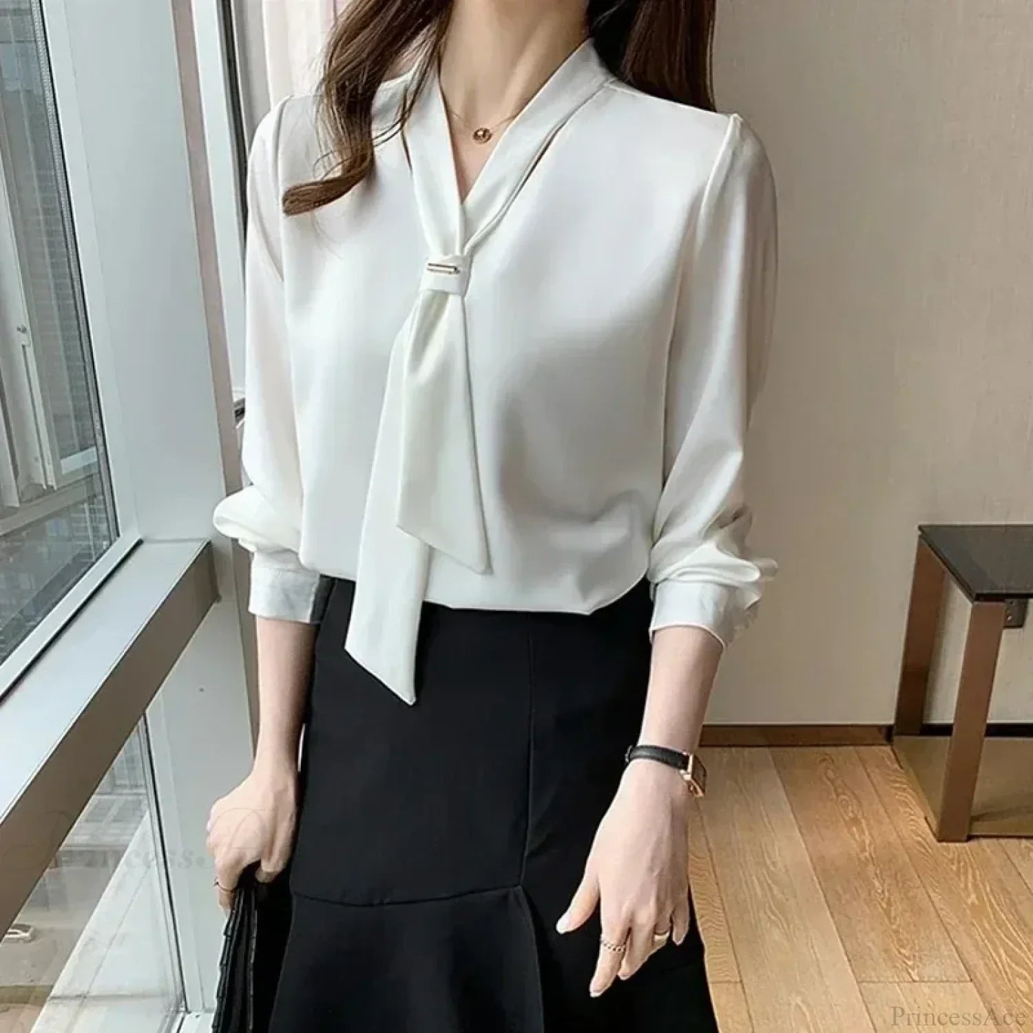 Chiffon V-Neck Tie Loose Long Sleeve White Blouse