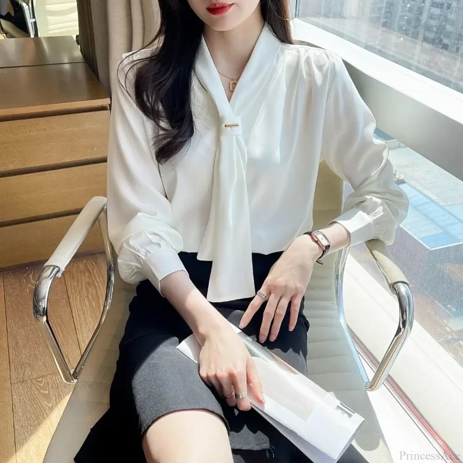 Chiffon V-Neck Tie Loose Long Sleeve White Blouse