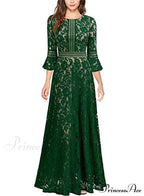 Vintage Full Lace Contrast Bell Sleeve Formal Long Dress