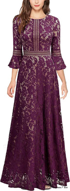 Vintage Full Lace Contrast Bell Sleeve Formal Long Dress