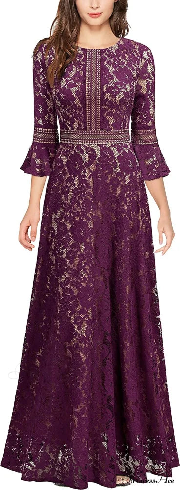 Vintage Full Lace Contrast Bell Sleeve Formal Long Dress