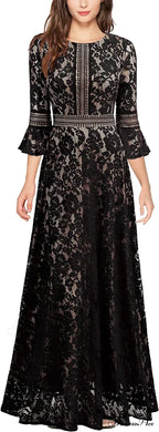 Vintage Full Lace Contrast Bell Sleeve Formal Long Dress